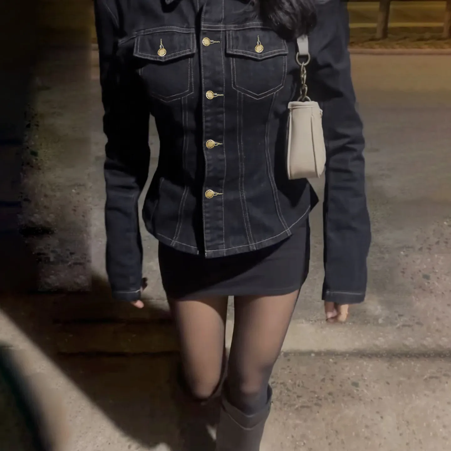 Casual Women's Denim Jacket with Belt in Denim Fabric Featuring Standing Collar and Long Sleeves