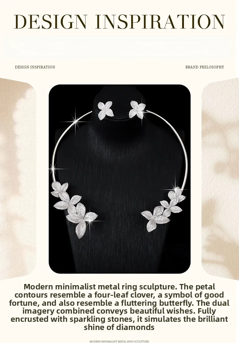 Women’s Flowers Jewelry Set in Electroplated Copper with Zircon Inlay, Elegant Design Featuring Floral Motifs