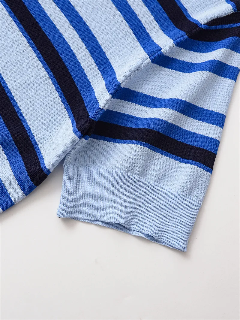 British Style Stripe Pullover Knitwear for Women in Polyester Fabric Featuring Patchwork Design with Round Neck
