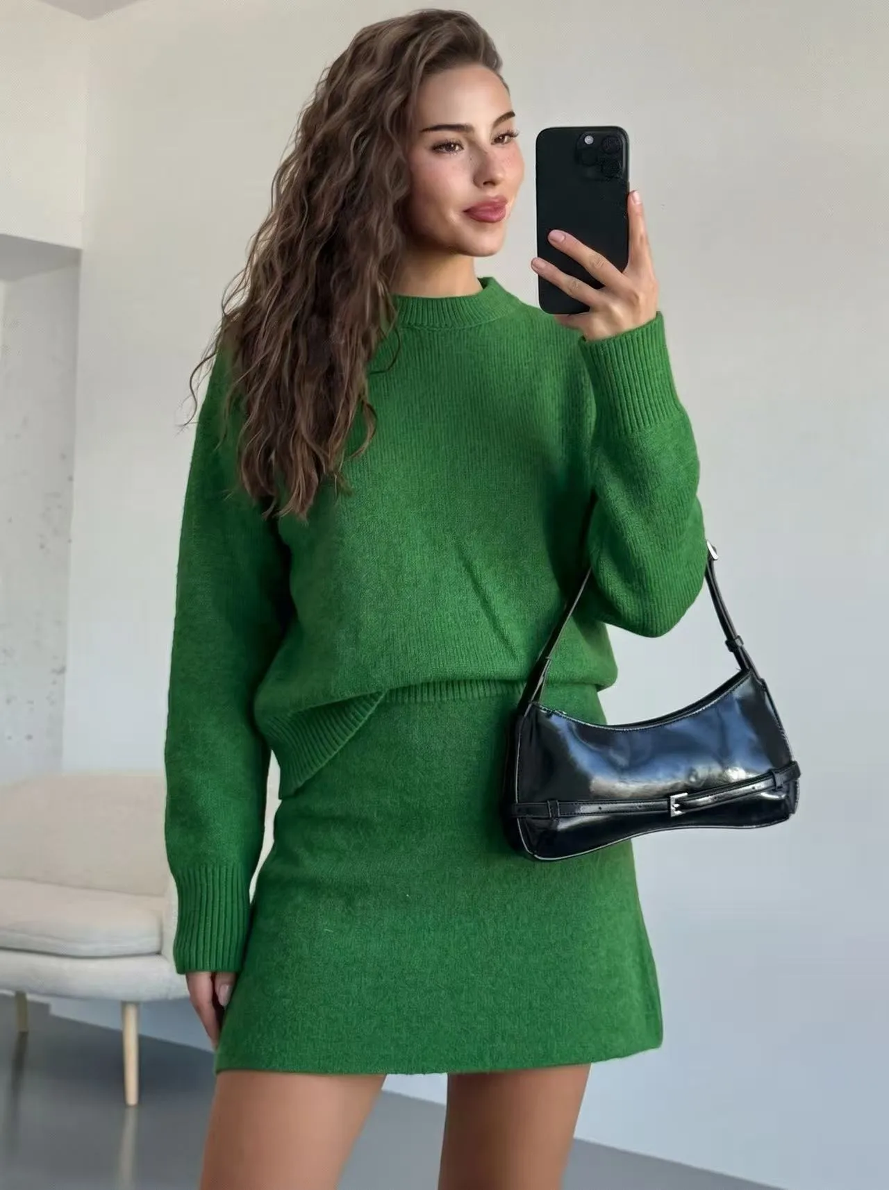 Elegant Solid Color Skirt Co-ord Set in Knitted Acrylic with Long Sleeve, 2 Pieces Set