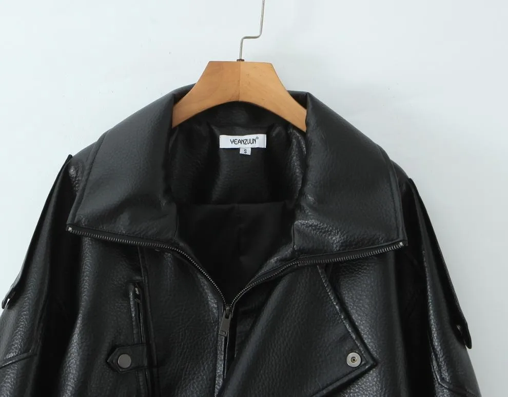 Streetwear Women's PU Leather Jacket with Zipper Placket Lapel Collar Long Sleeve