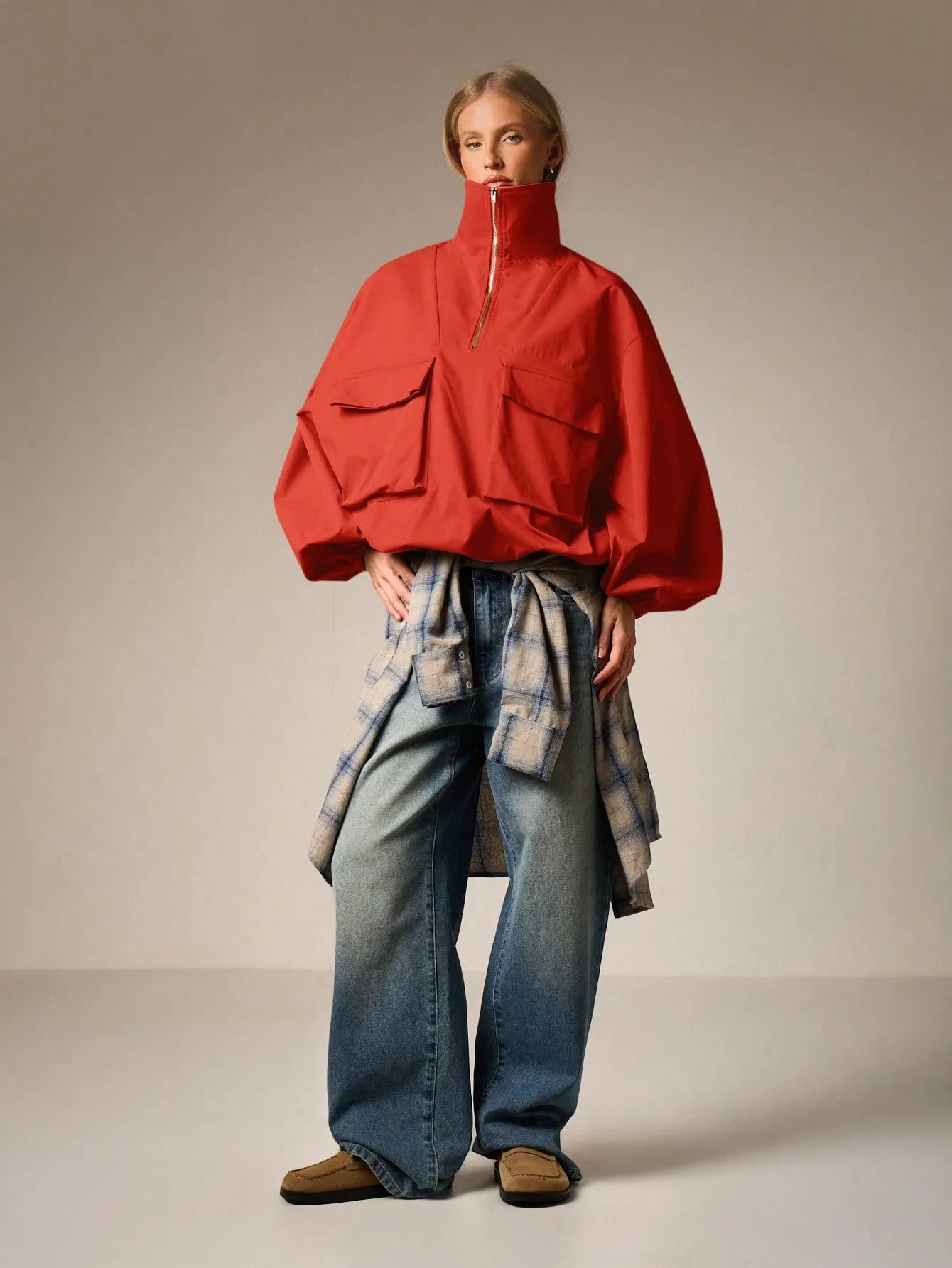 Casual Solid Color Coat Jacket with Half Placket, Made of Polyester Fabric Featuring Practical Pocket Design