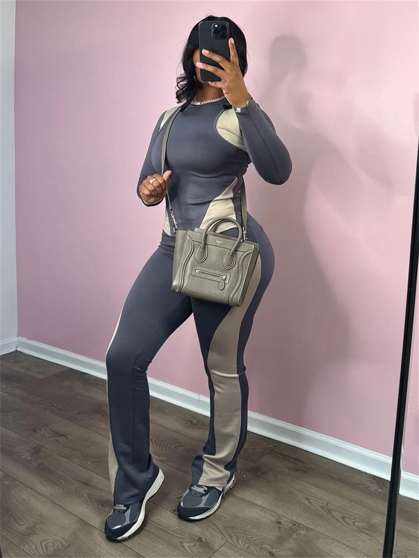 Elegant Color Block Pant Co-ord Set with Patchwork Craftsmanship, Featuring Casual Polyester Pants and Long Regular Sleeves