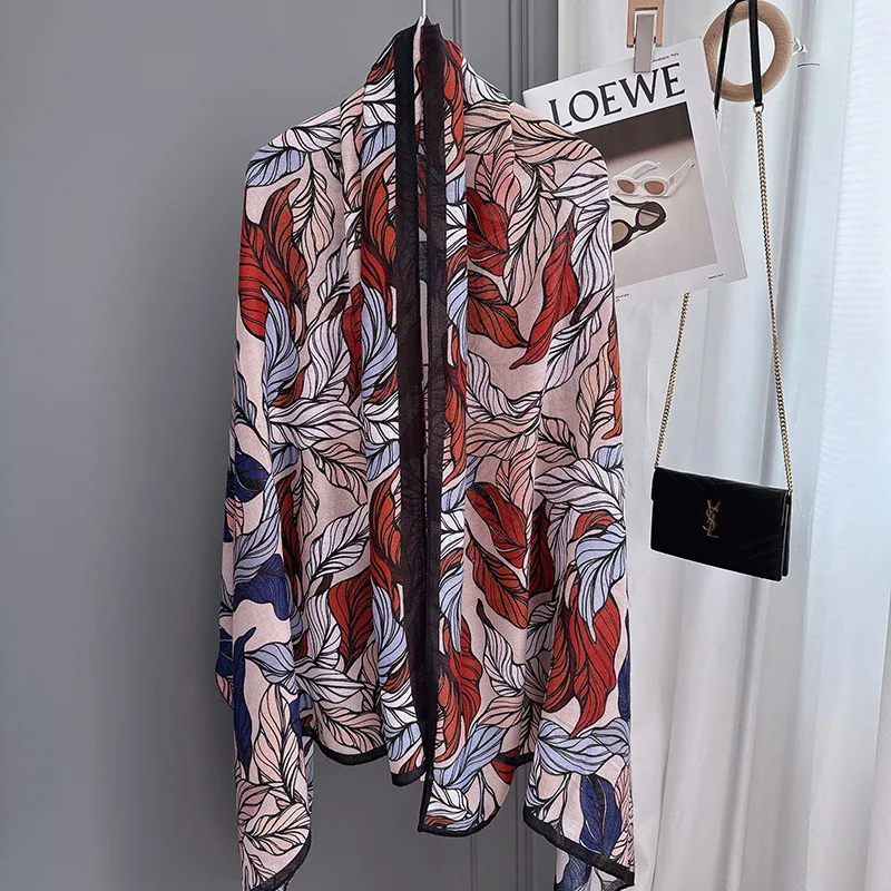 Women’s Rayon Leaf Pattern Scarf in Red, Perfect for Spring Season