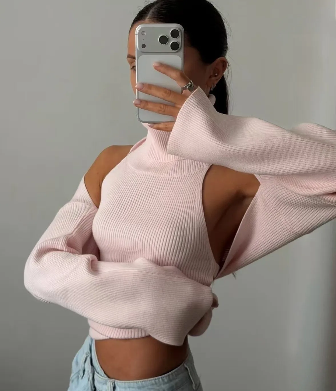Long Sleeve Acrylic Sweater with Turtleneck, Knitted Craft, Regular Sleeve, 2 Pieces Set