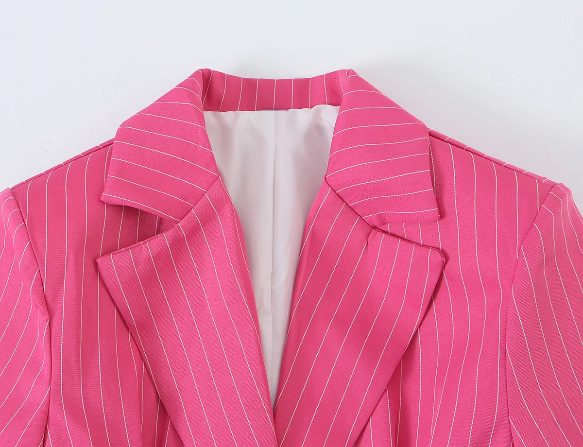 Stripe Long Sleeve Streetwear Polyester Blazer with Button Craft and Lapel Collar