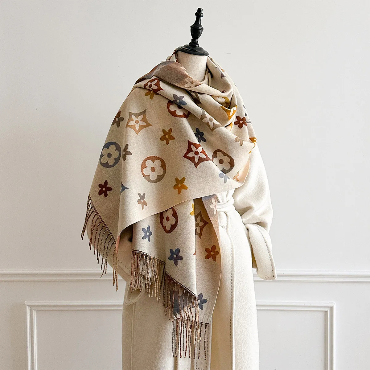 Women’s Red Imitation Cashmere Scarf with Flowers Pattern, Perfect for Autumn