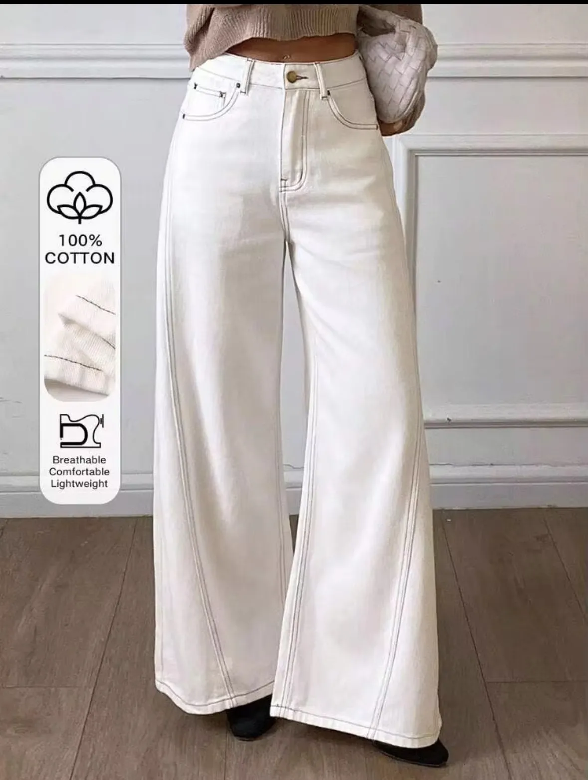 Casual Full Length Wide Leg Denim Cotton Pocket Pants for Women in Spring, Inelastic Design