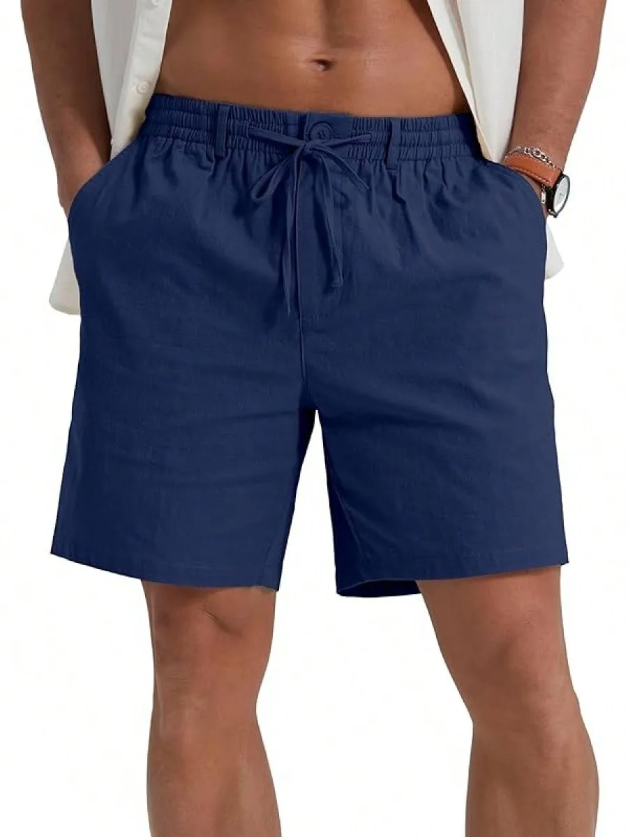 Men's Casual Solid Color Polyester Beach Shorts with Drawstring for Comfortable Summer Wear