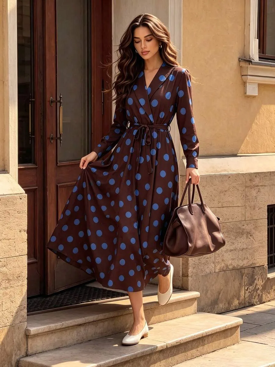 Elegant Polka Dot Dress with V Neck and Long Sleeve, Polyester Maxi Long Dress