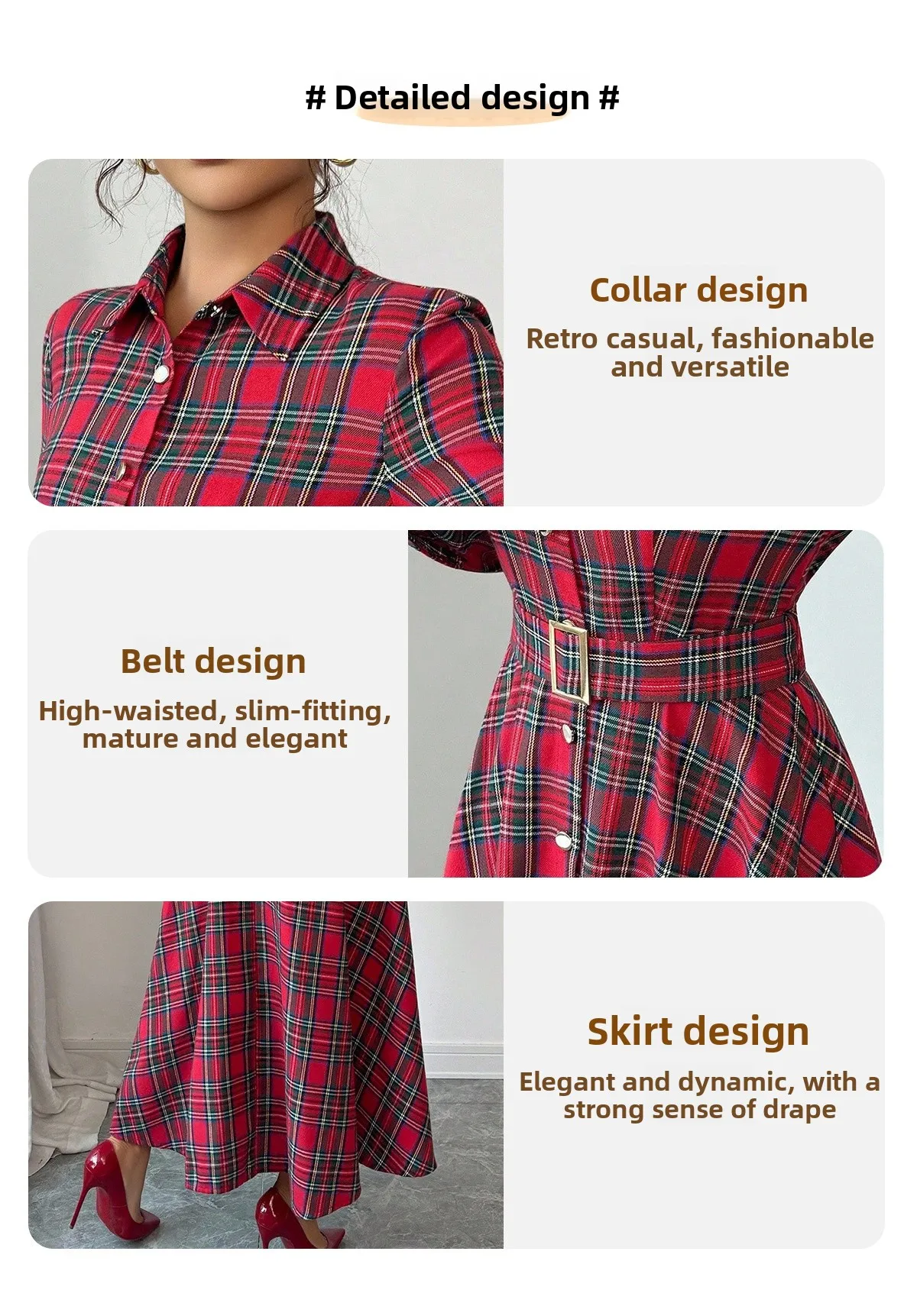 Vintage Style Plaid Long Sleeve V Neck Casual Regular Dress in Polyester Fabric