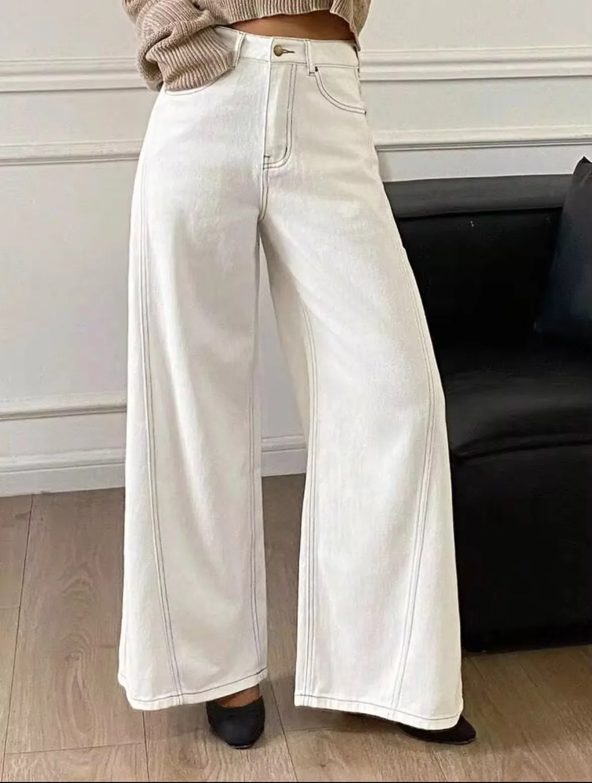 Casual Full Length Wide Leg Denim Cotton Pocket Pants for Women in Spring, Inelastic Design