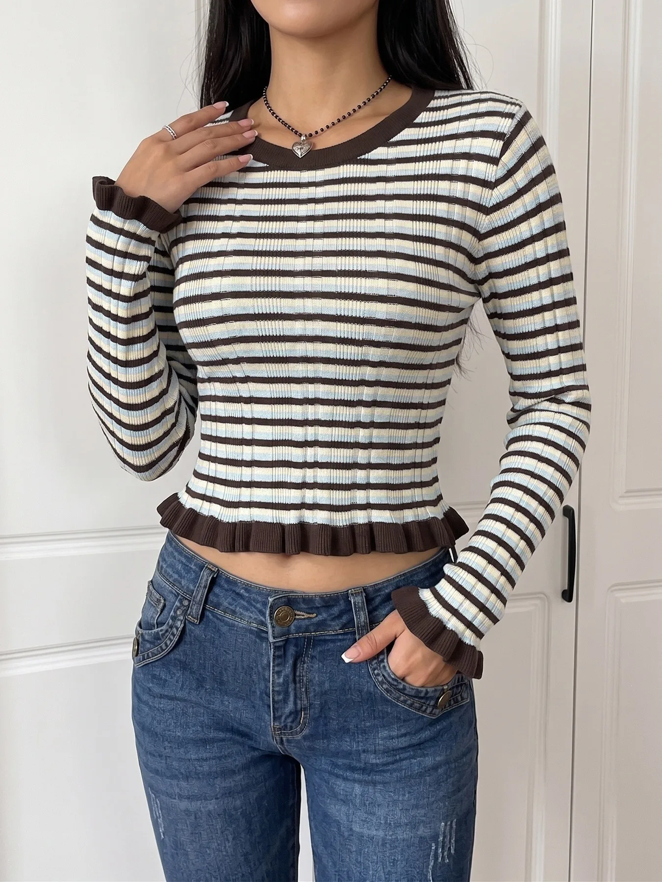 Casual Stripe Sweater with Long Sleeves, Knitted Cotton Pullover