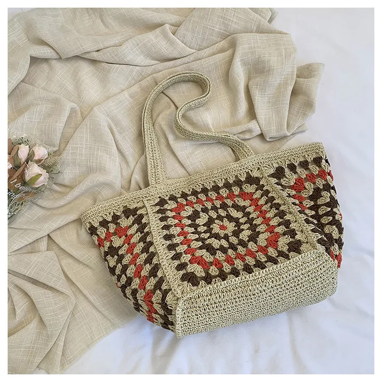 Color Block Square Straw Bag with Braid Detail, Single Shoulder Strap, Perfect for Summer