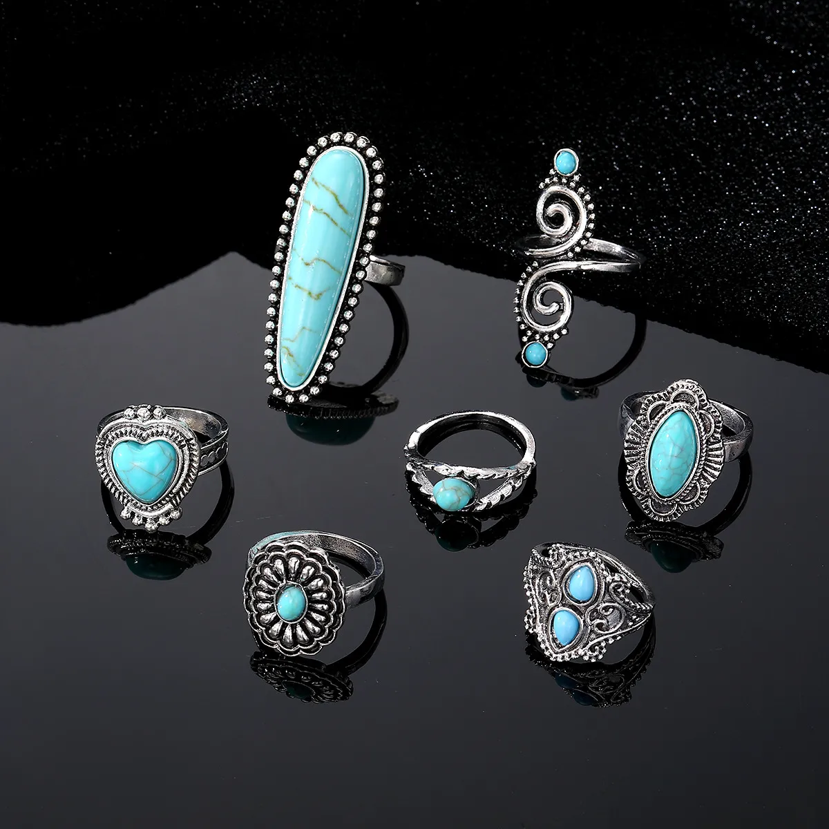 Vintage Bohemian Turquoise Heart Flower Ring for Women Alloy Plated Ethnic Jewelry