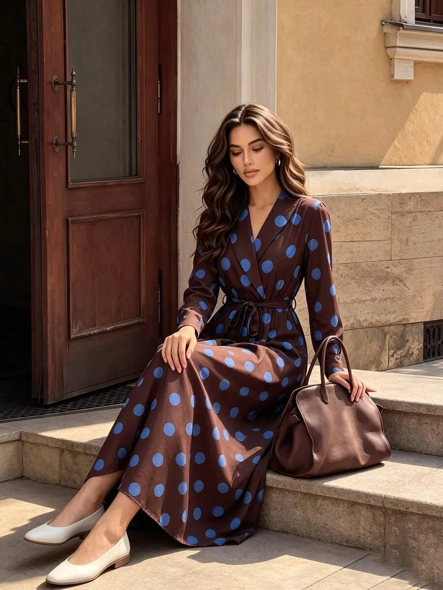 Elegant Polka Dot Dress with V Neck and Long Sleeve, Polyester Maxi Long Dress