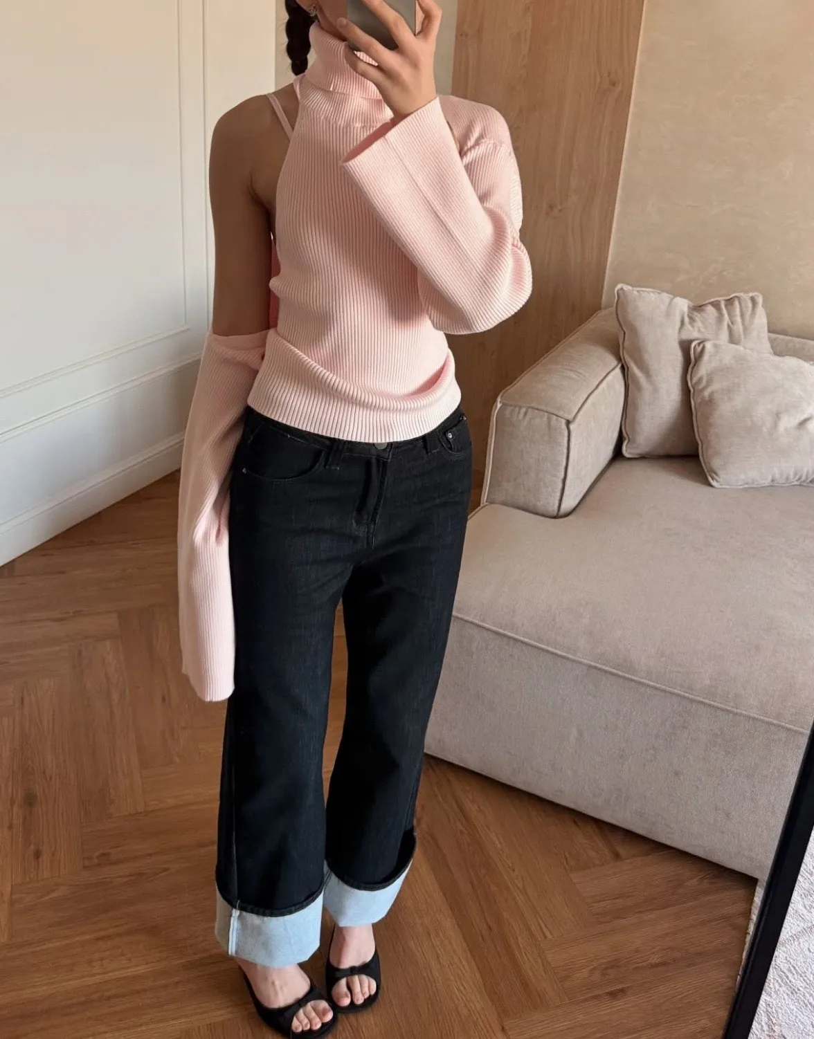 Long Sleeve Acrylic Sweater with Turtleneck, Knitted Craft, Regular Sleeve, 2 Pieces Set