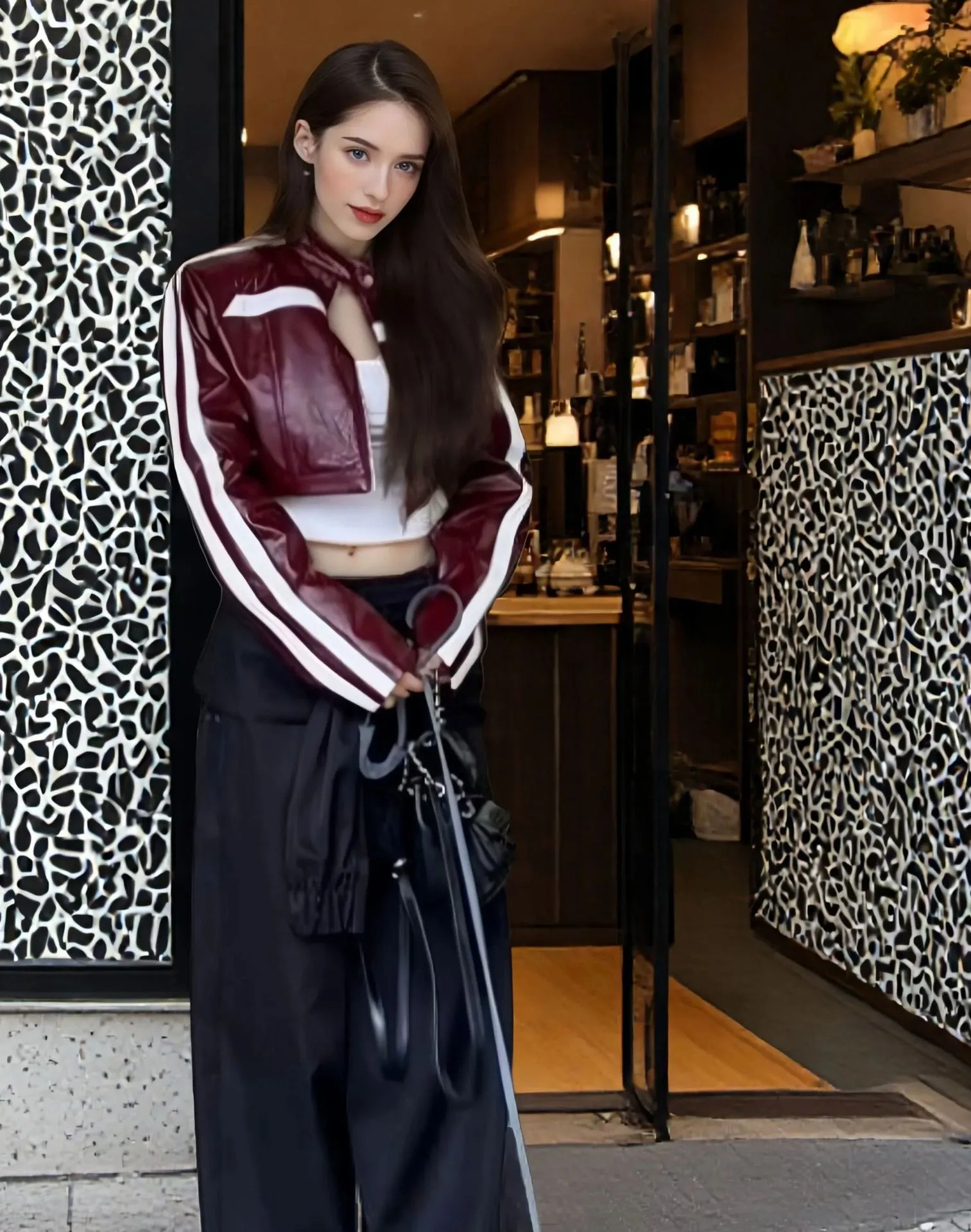 Vintage Style Color Block Leather Jacket for Women in PU Fabric with Zipper Closure