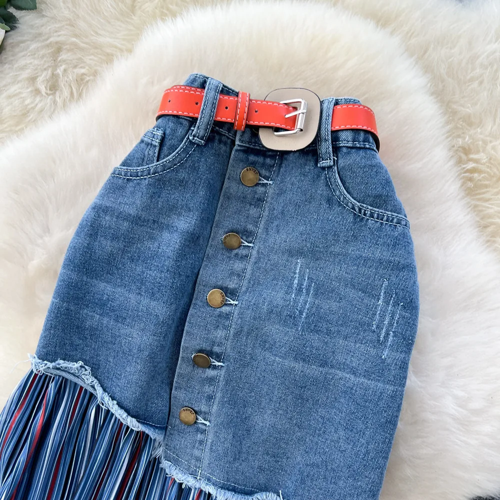 Vintage Style Stripe Cotton Blend Skirt with Folds in High Waist Denim Design for Winter