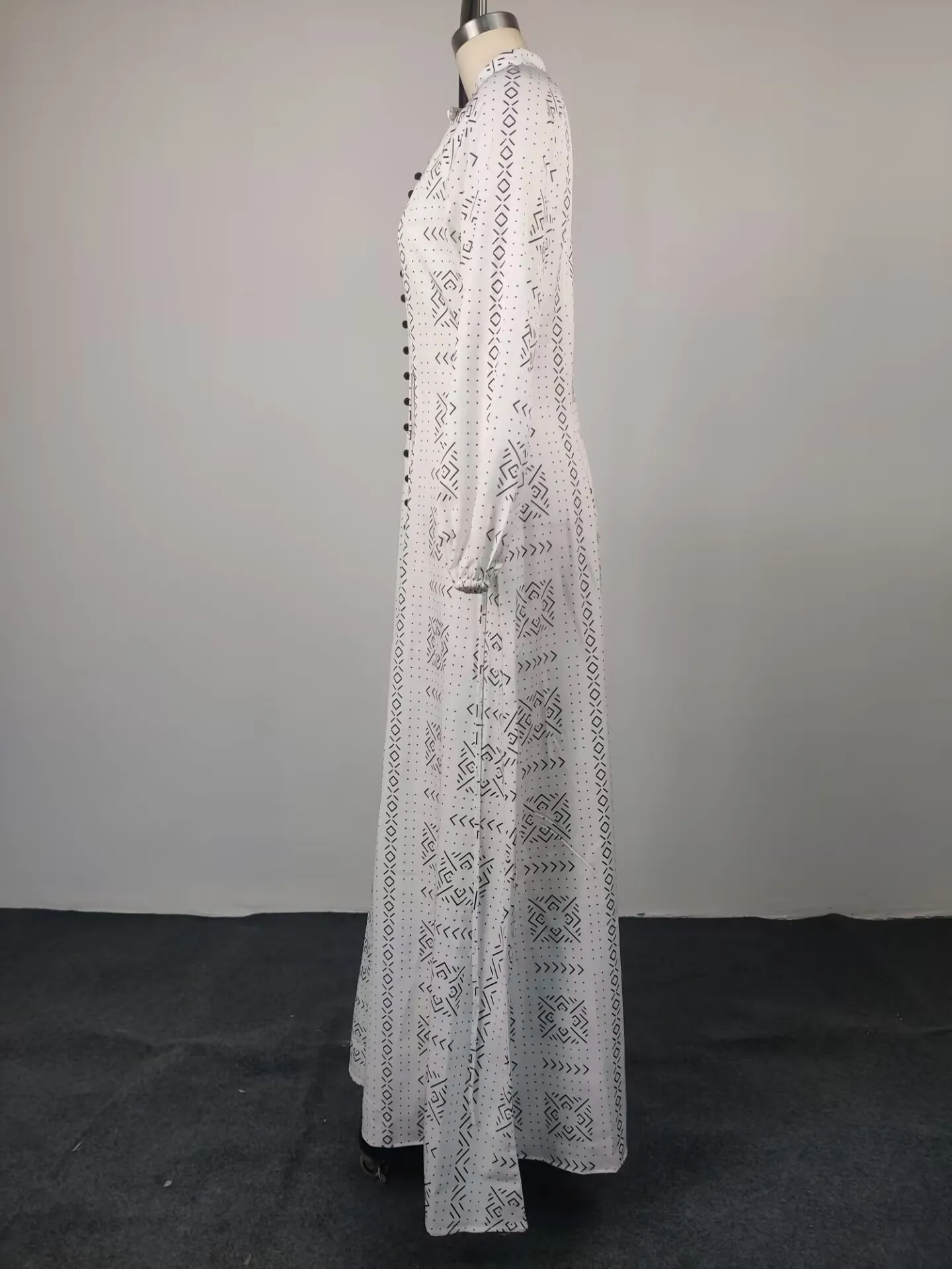 Elegant Geometric Maxi Long Dress with Long Sleeve and Standing Collar in Polyester Fabric