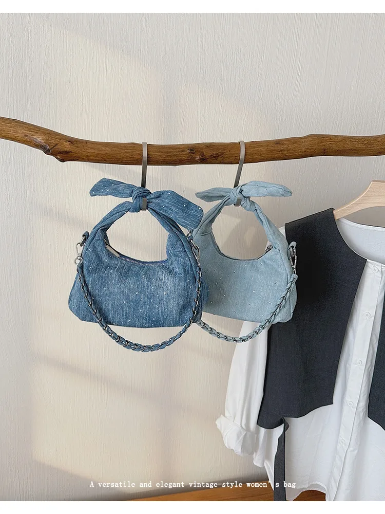 Women’s Denim Square Bow Tie Crossbody Bag with Chain Strap, Stylish and Fashionable