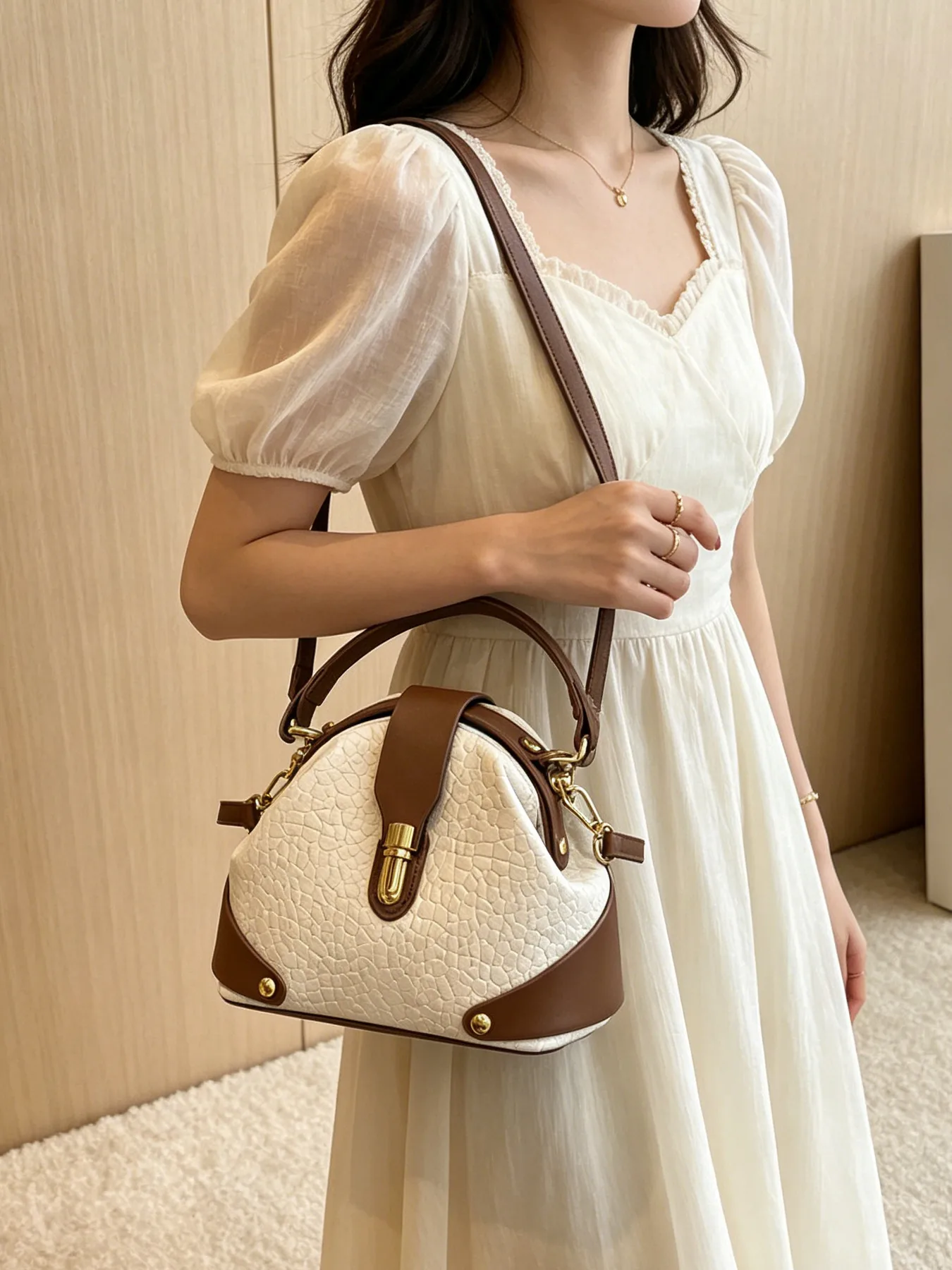 Color Block PU Leather Shell Crossbody Bag for Women with Sewing Thread Detail and Single Shoulder Strap