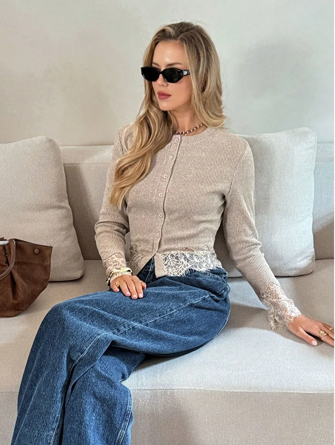 Elegant Solid Color Long Sleeve Polyester Knitwear for Women with Hollow Out Craft and Placket