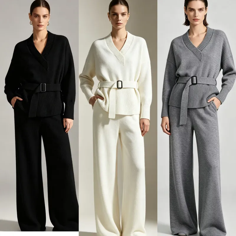 Streetwear Pant Co-ord Set in Knit Fabric with Belt, featuring V Neck and Long Sleeve, Full Length Pants with Stretchy Fit