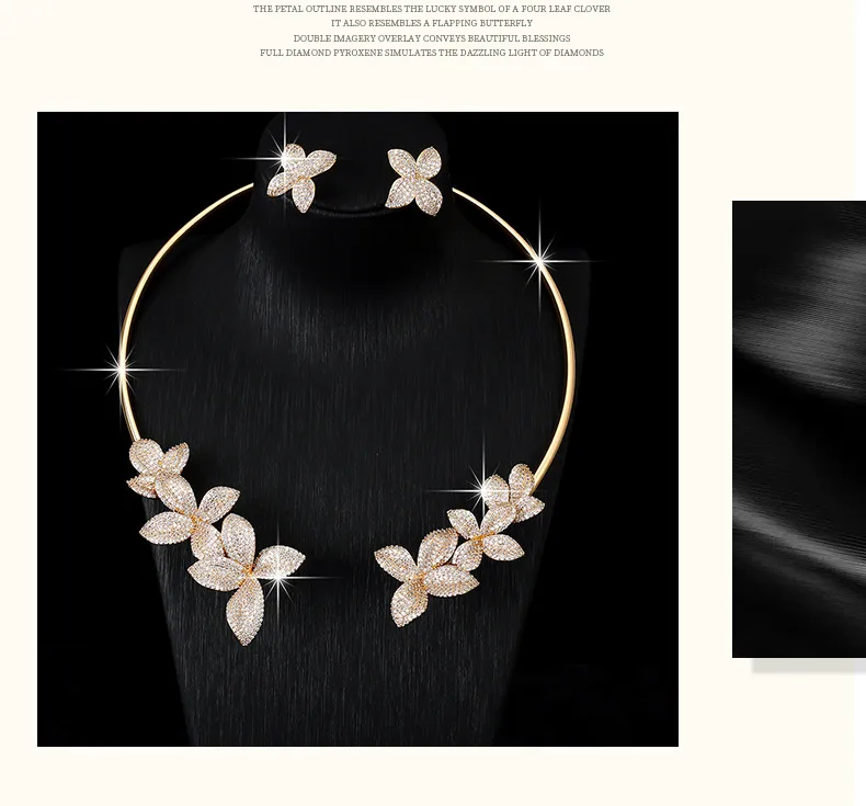 Women’s Flowers Jewelry Set in Electroplated Copper with Zircon Inlay, Elegant Design Featuring Floral Motifs