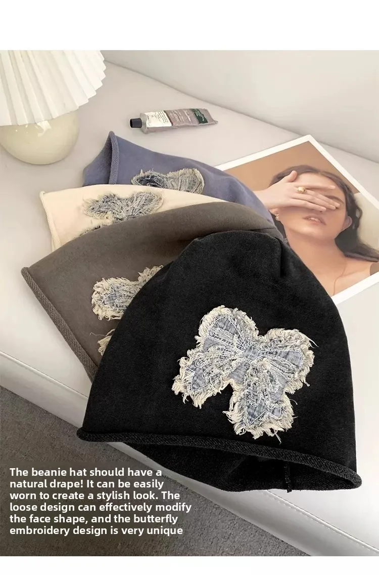 Retro Butterfly Breathable Brimless Beanie Hat for Women in Polyester with Appliques