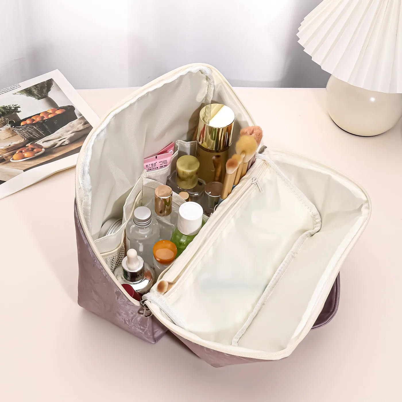 Solid Color PU Leather Cosmetic Bag for Women with Top Handle, Waterproof Design