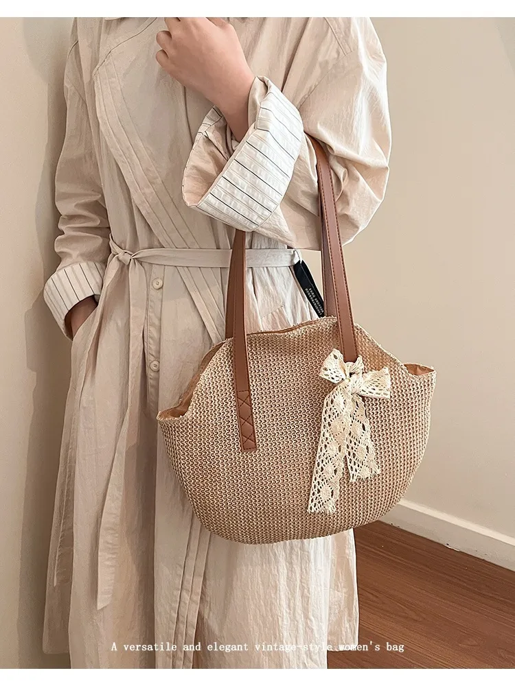 Solid Color Straw Bucket Bag for Women with Braid Detail, Perfect Summer Shoulder Bag