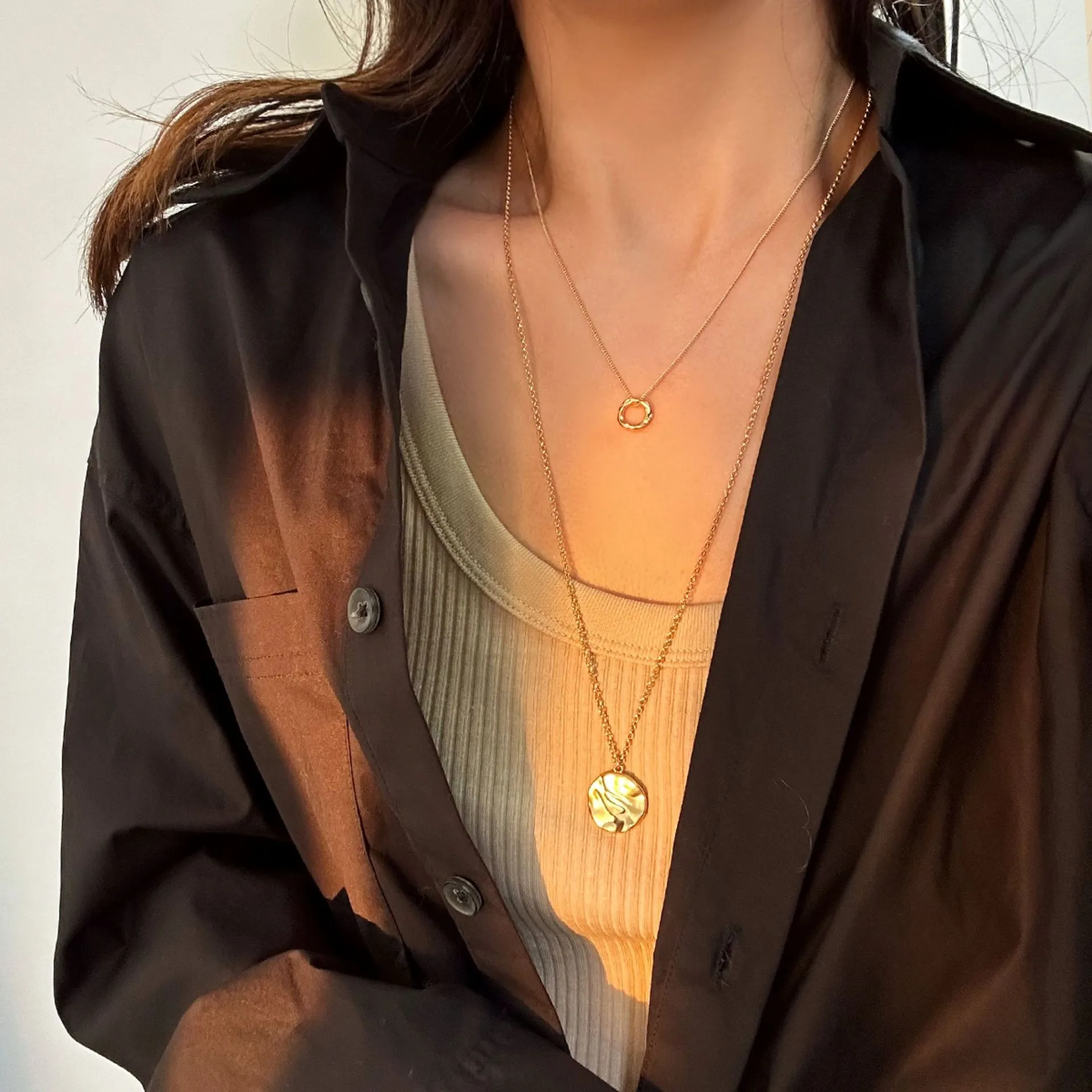 Gold Geometric Circle Necklace for Women Simple Style Copper Pendant Sweater Chain