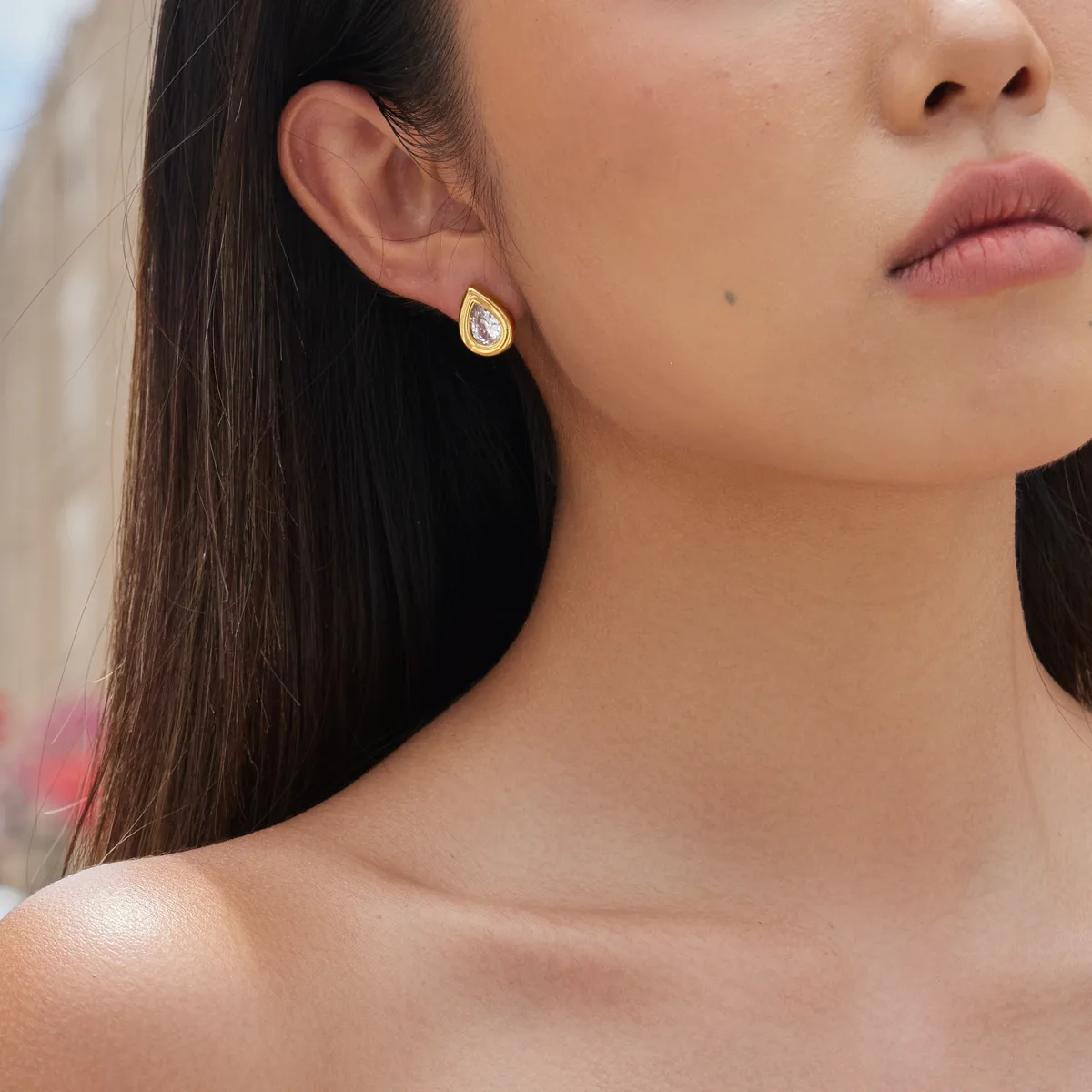 Elegant Geometric Stud Earrings for Women Featuring Waterproof Non Tarnish 304 Stainless Steel with 18K Real Gold Plating and Zircon Inlay