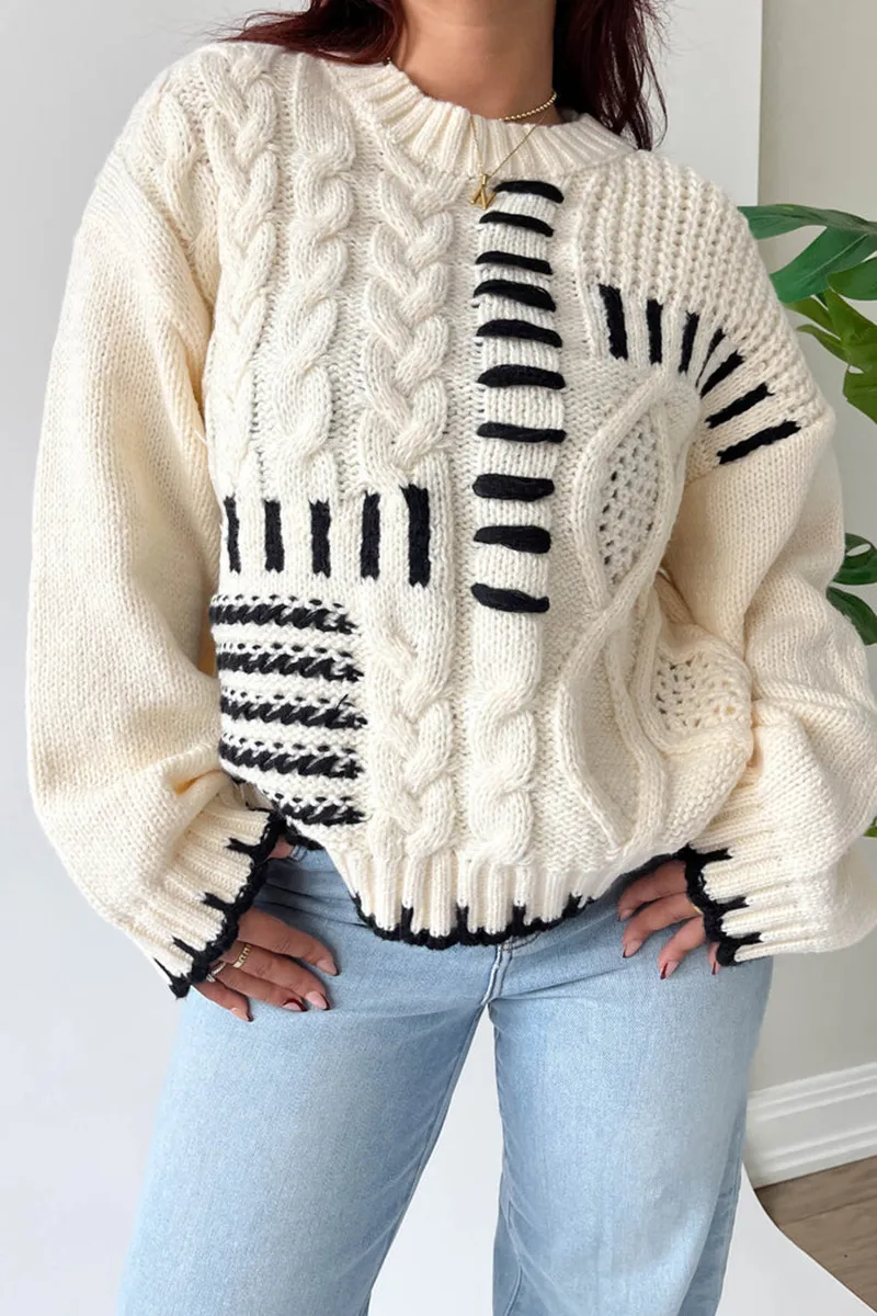 Striped Crochet Lace Long Sleeve Loose Pullover Sweater for Women