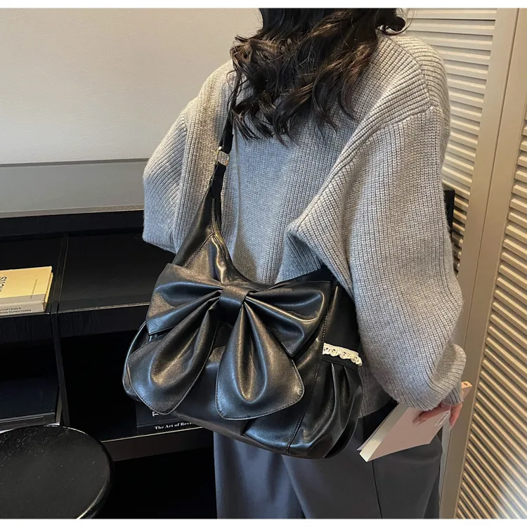 PU Leather Tote Bag for Women Featuring a Square Bow Tie Design with Single Shoulder Strap, Ideal for Winter