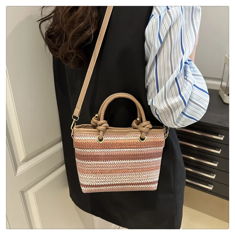 Small Straw Bucket Bag with Zipper and Braid Detail