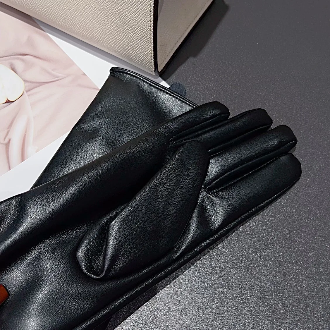 Women's Winter PU Leather Touchscreen Gloves with Fleece Lining and Diamond Embellishment