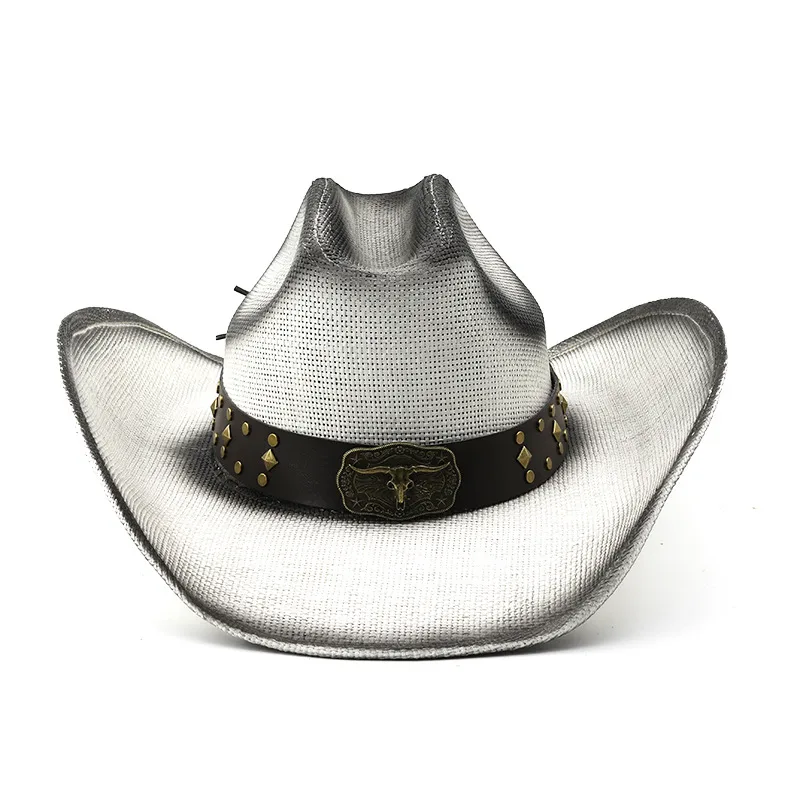 Unisex Cowboy Style Cattle Straw Hat with Flat Brim, Breathable Design in Polyester Material