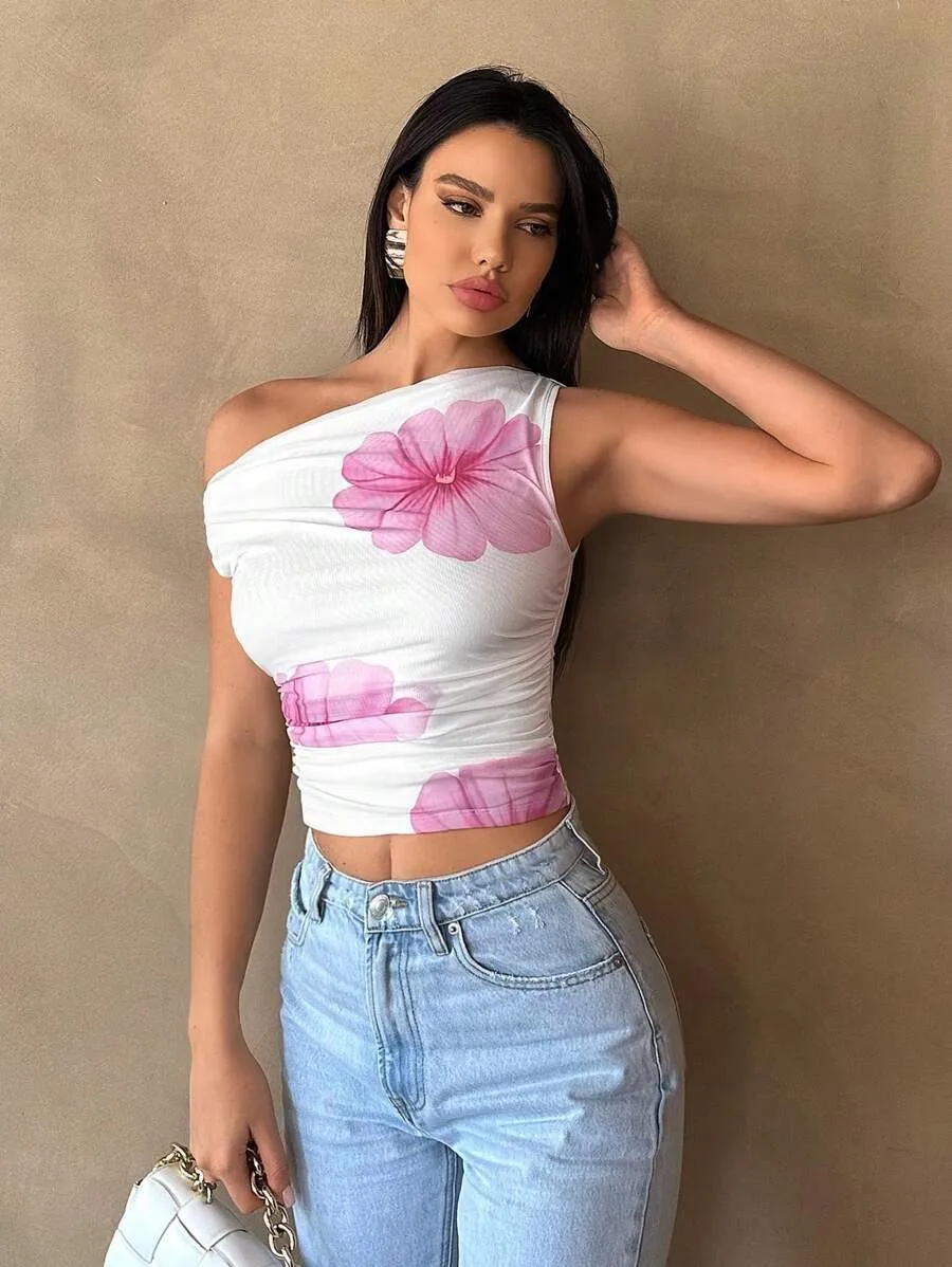 Sexy Slim Short Women's Polyester Tank Top with 3D Floral Pattern
