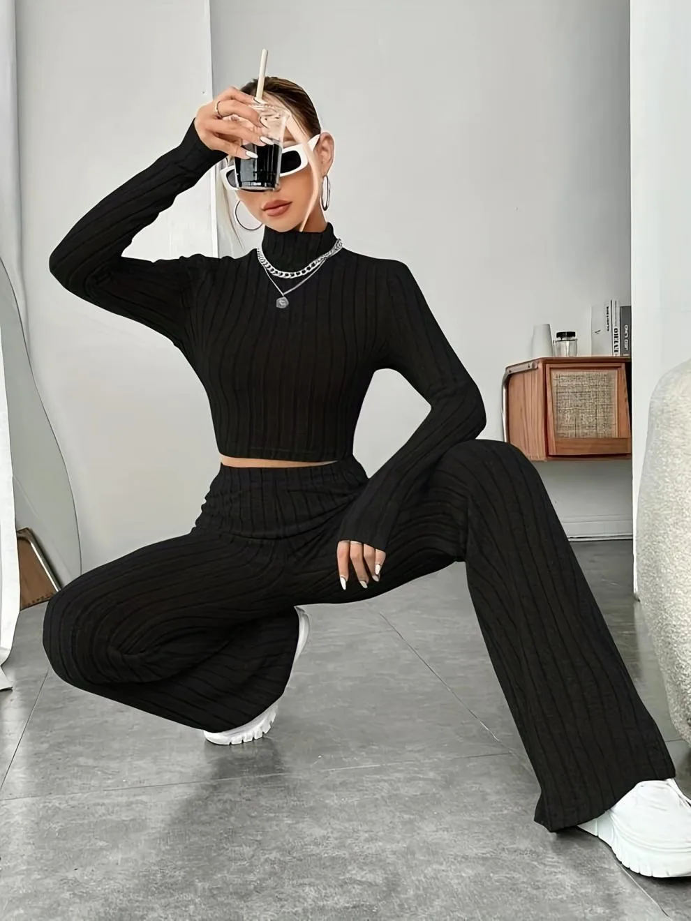 Women’s Stripe Pant Co-ord Set in Polyester with Turtleneck, Streetwear Style for Daily Wear, 2 Pieces Set
