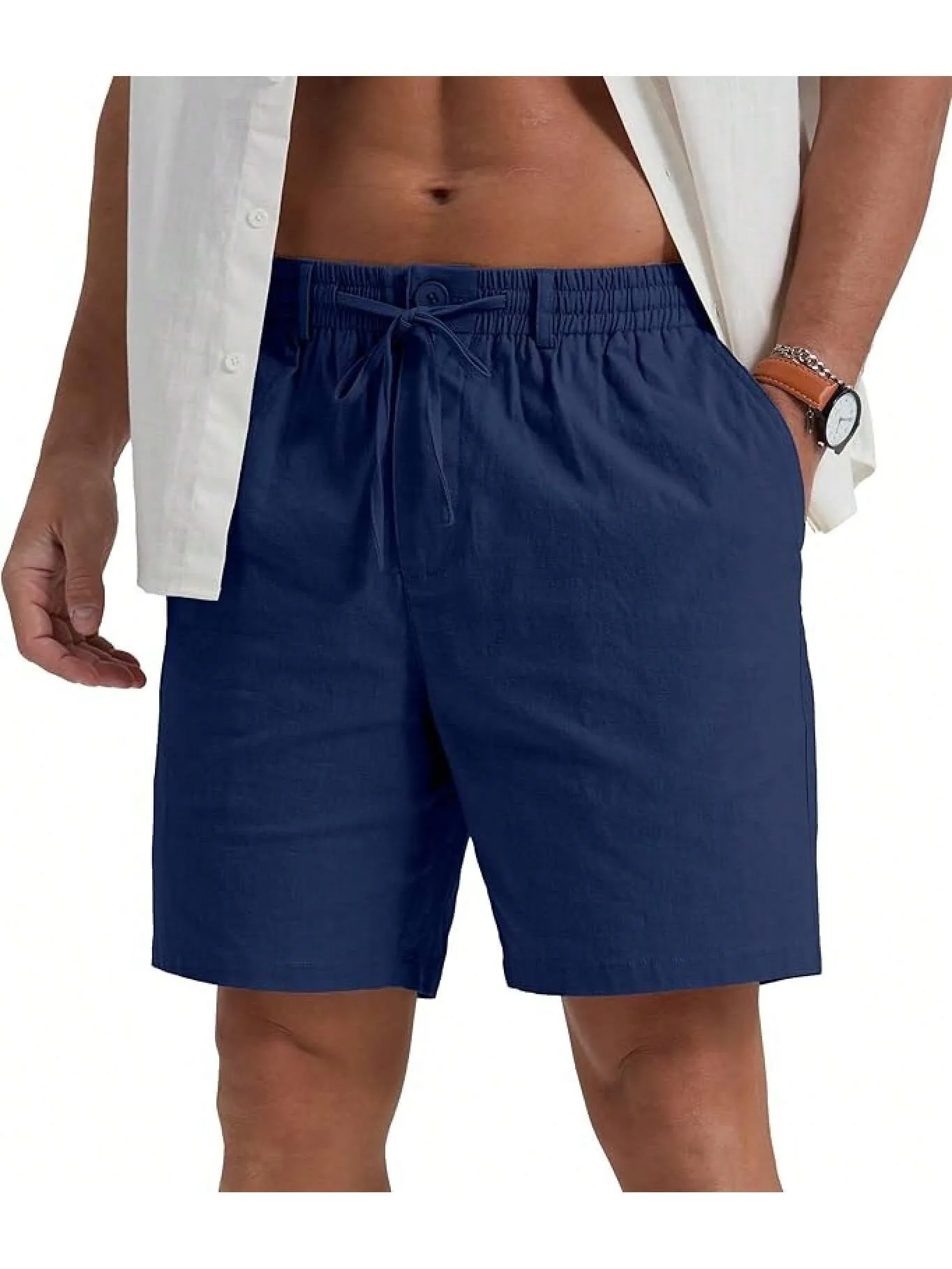 Men's Casual Solid Color Polyester Beach Shorts with Drawstring for Comfortable Summer Wear