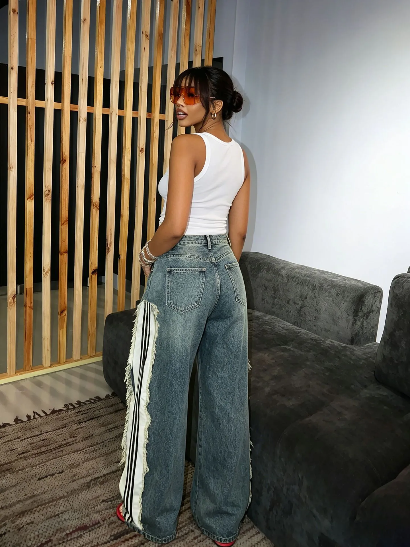 Stripe Full Length Denim Cotton Jeans for Women in Streetwear Style with Raw Hem, Inelastic Fabric