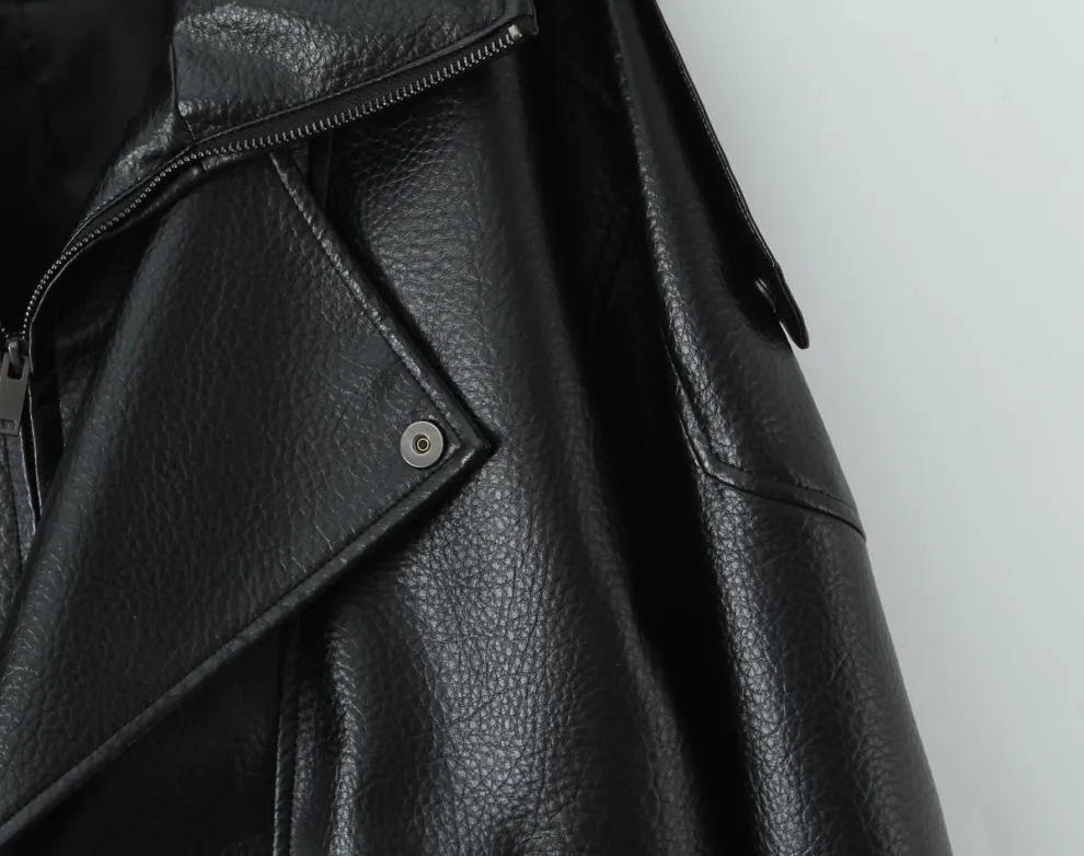 Streetwear Women's PU Leather Jacket with Zipper Placket Lapel Collar Long Sleeve