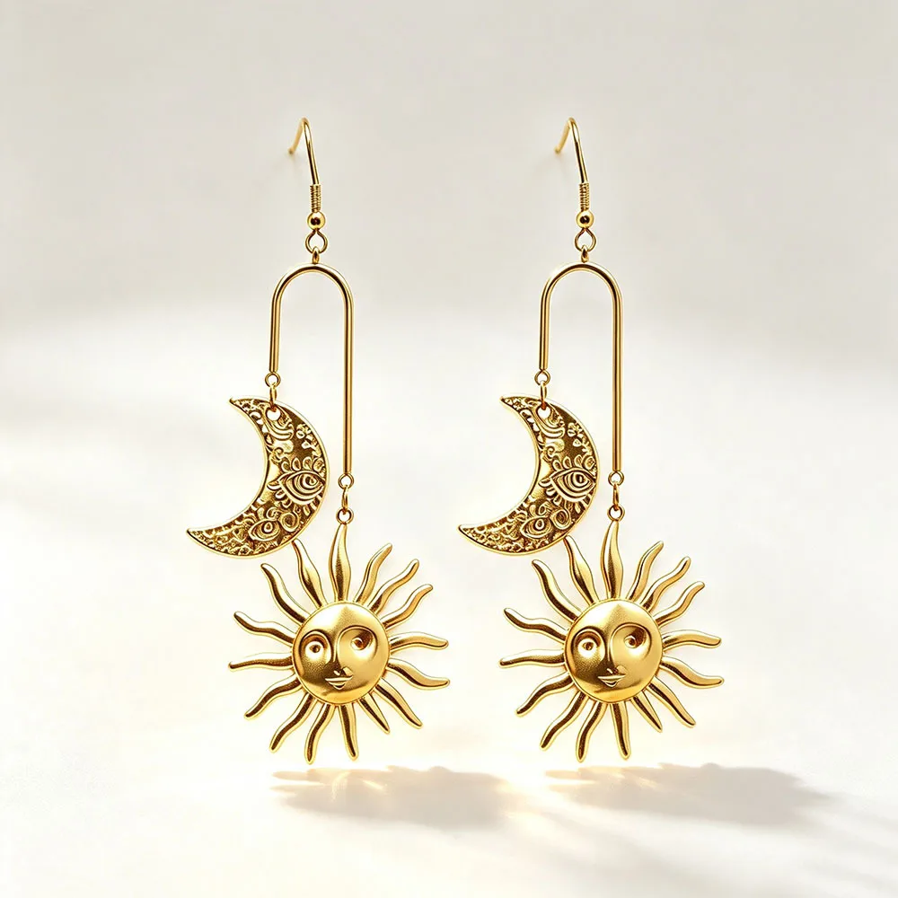 Retro Moon Tassel Drop Earrings for Women in 18K Real Gold Plated 304 Stainless Steel
