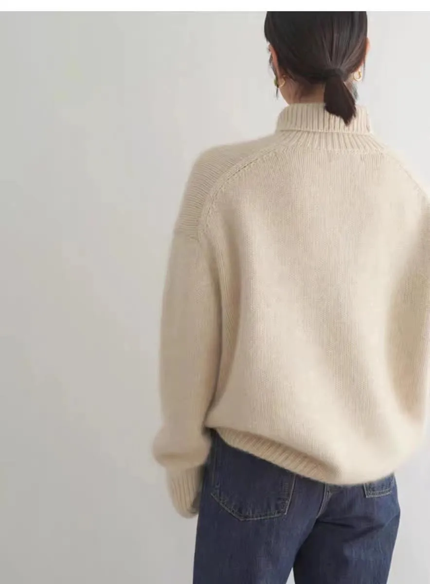 Loose Turtleneck Long Sleeve Solid Color Acrylic Sweater for Women