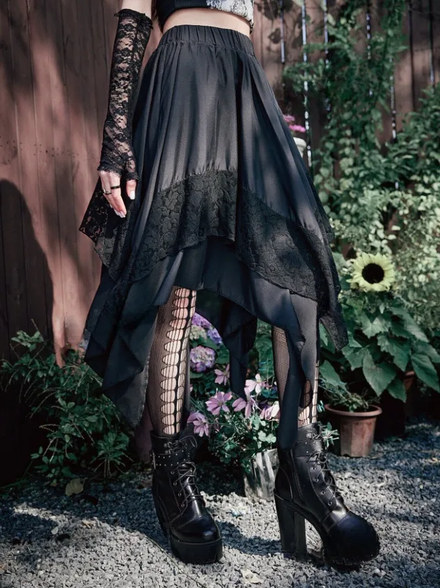 Lace Floral Gothic Midi Dress with Irregular Skirt