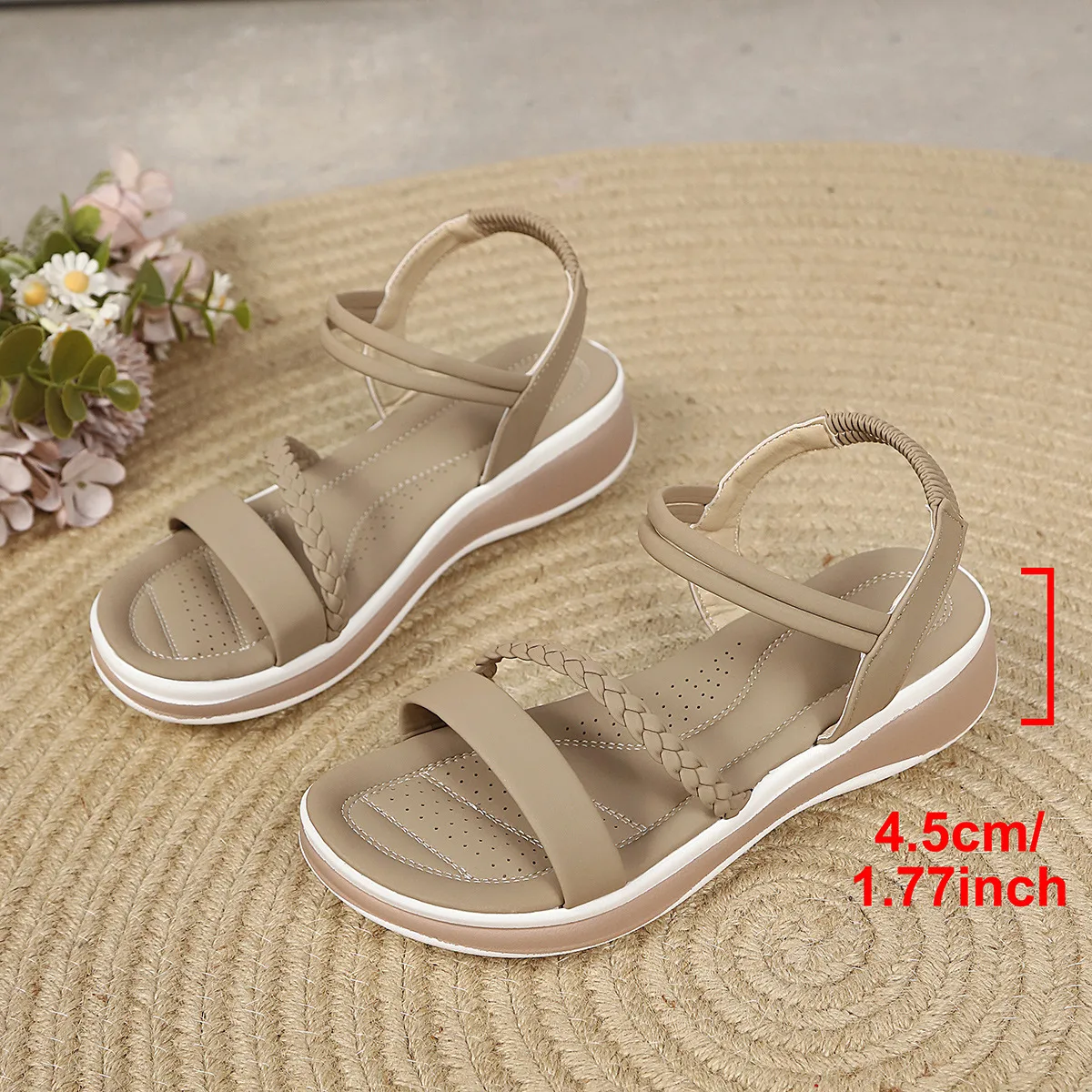 Solid Color Women Wedge Sandals with Rubber Sole and Crochet Upper Featuring Wedge Heel in PU Leather Lining