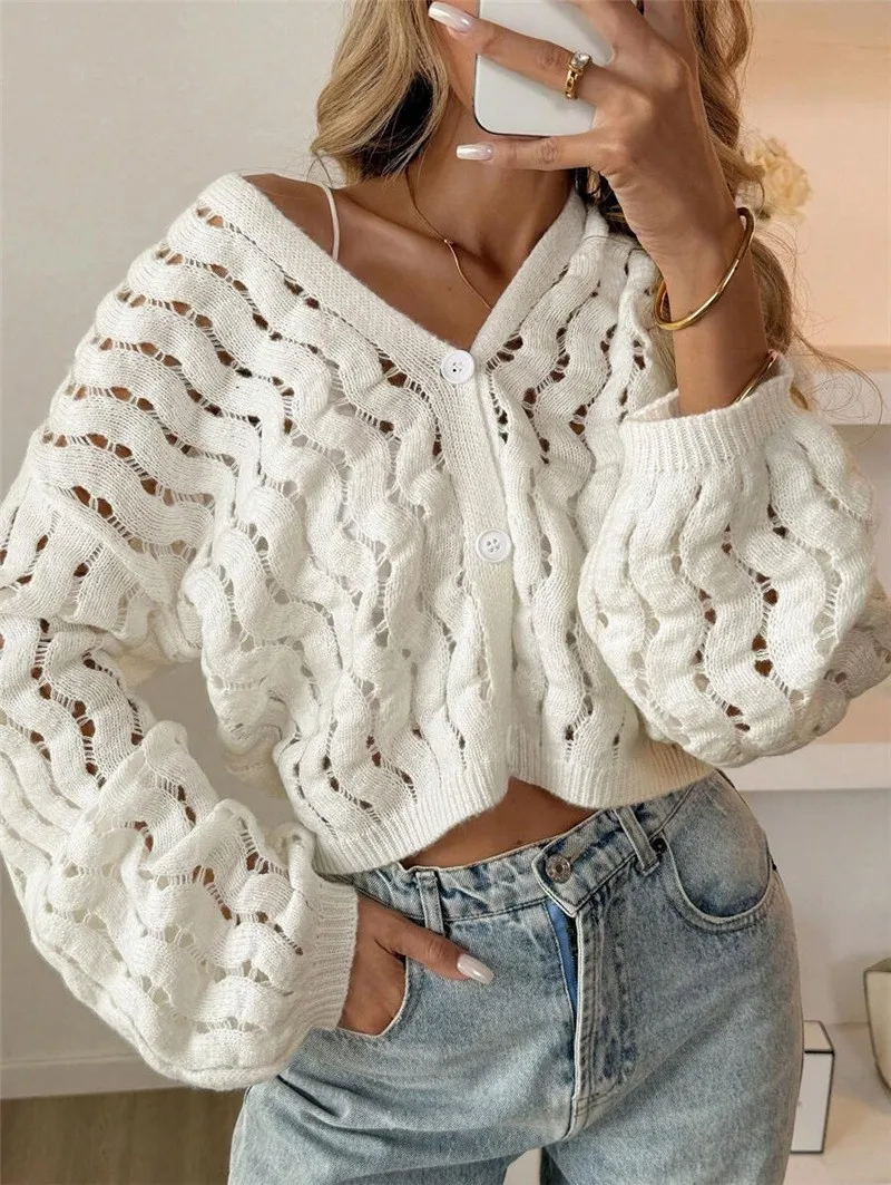 Solid Color Casual Acrylic Sweater with Long Sleeve, V Neck and Single Breasted Design