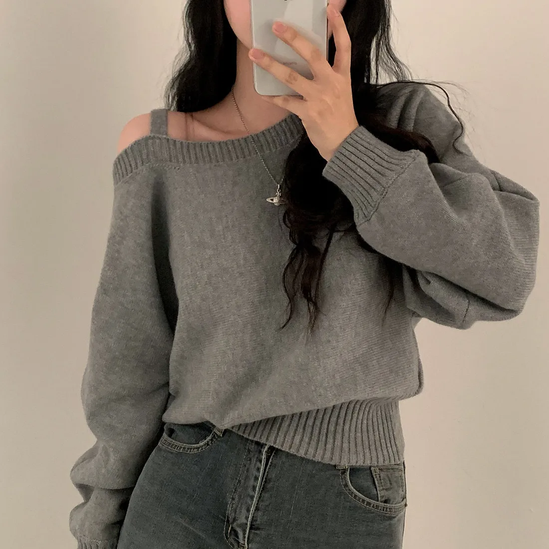 Vintage Style Solid Color Long Sleeve Pullover Knitted Polyester Women's Sweater